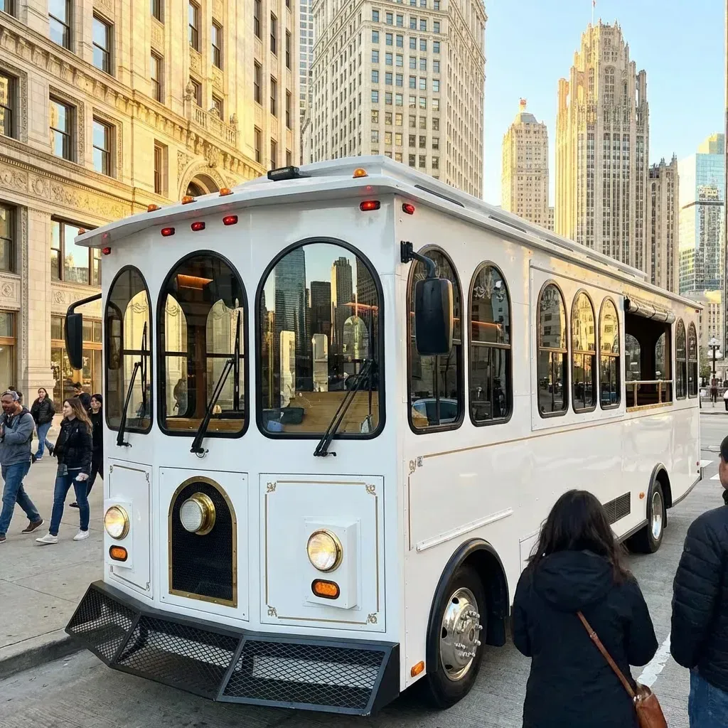 White trolley on a Chicago city street, passengers nearby, tall buildings in background.
