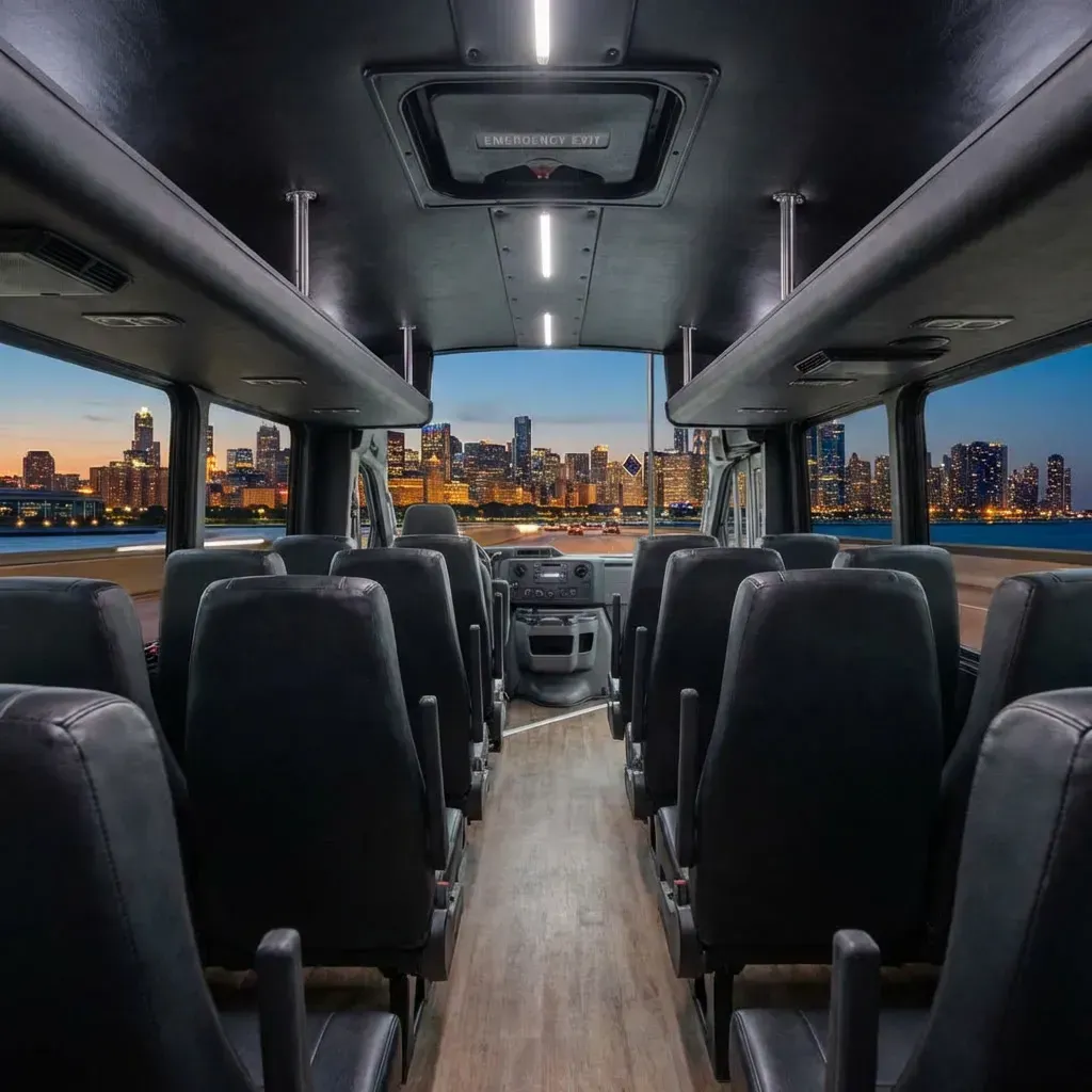 Interior view of a bus with rows of black seats, wooden floor, and a city skyline visible through windows.
