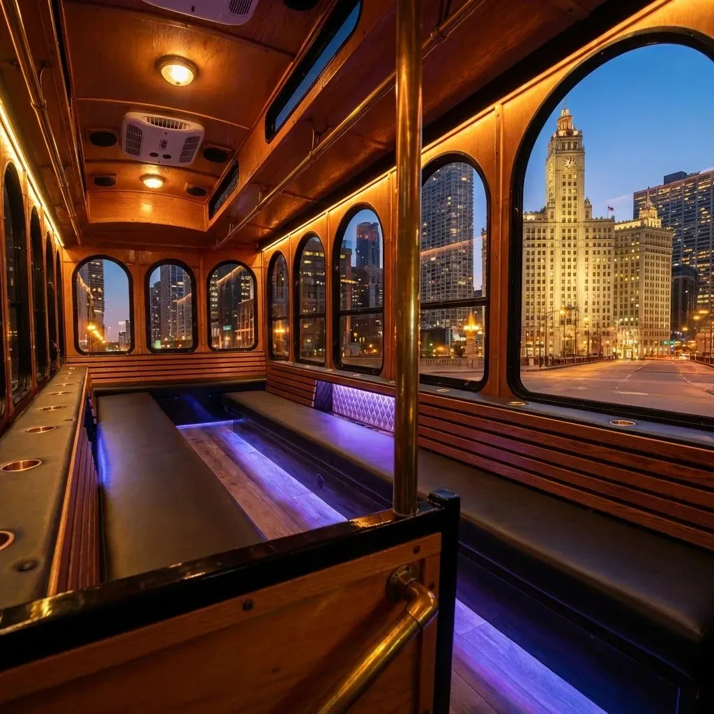 Inside of a wooden trolley with city views at dusk. Interior has long benches, purple lights, and circular windows.