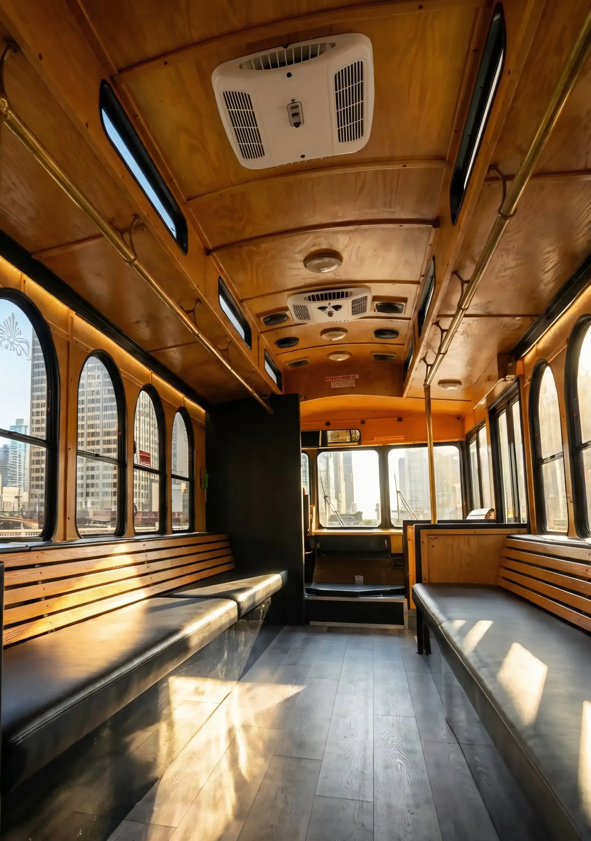 Interior of a trolley car with wooden panels and long benches. Sunlight streams through large windows.