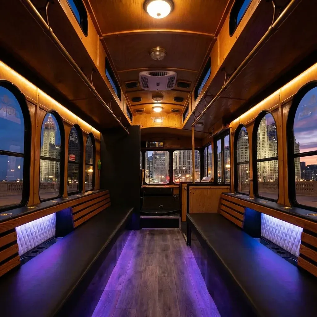 Interior of a trolley car with wooden panels, purple lighting, and city skyline views through the windows.