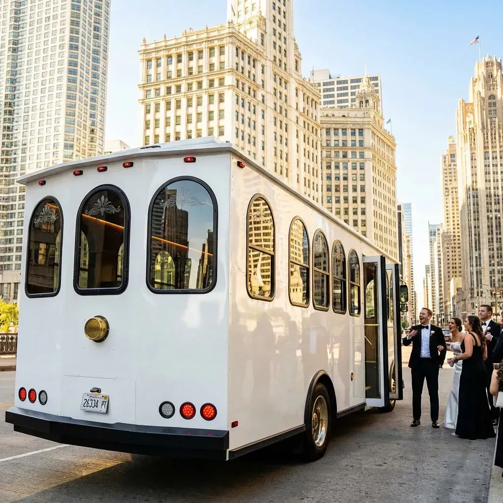 White trolley bus in Chicago city street, formal wear, wedding party. Tall buildings in background.