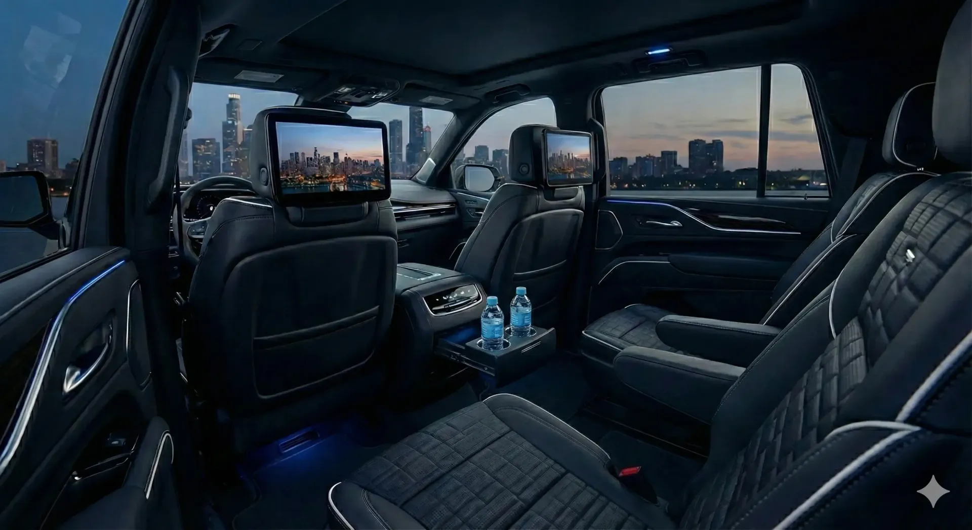 Luxury SUV interior with two rear screens, city view, blue ambient lighting.