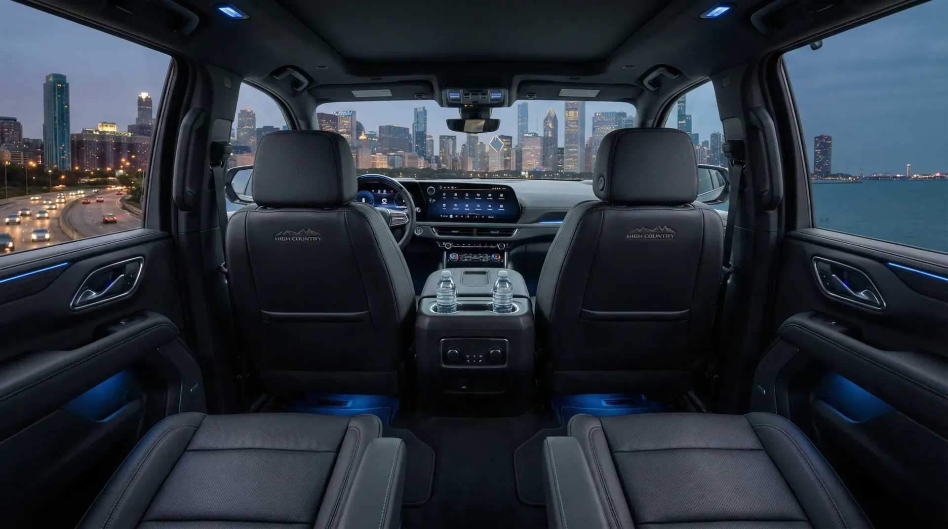 Interior view of a luxury SUV, dark leather seats, city skyline backdrop, blue ambient lighting.