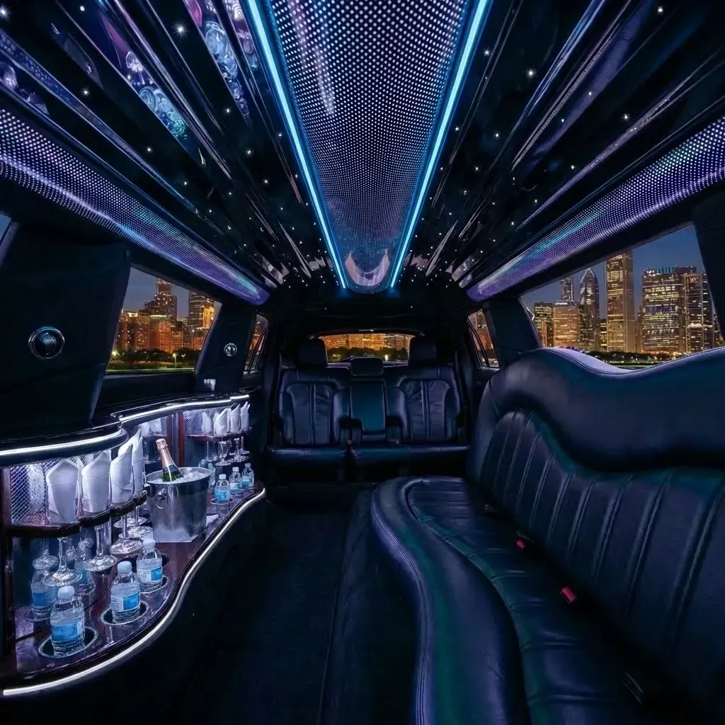 Interior of a black limousine with leather seats, a lit bar, and city skyline visible through the windows.