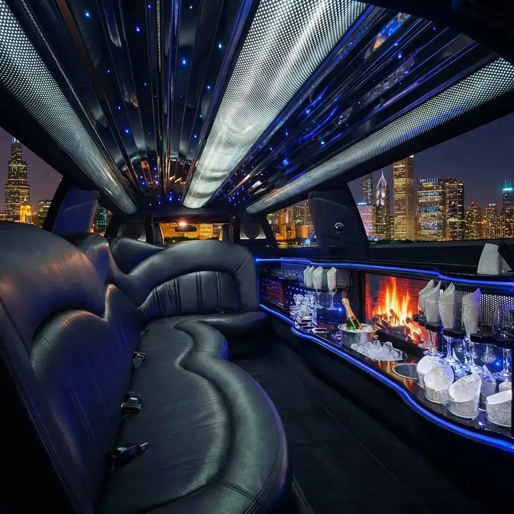 Inside of a limousine with blue leather seats, a lit bar, and city skyline view.