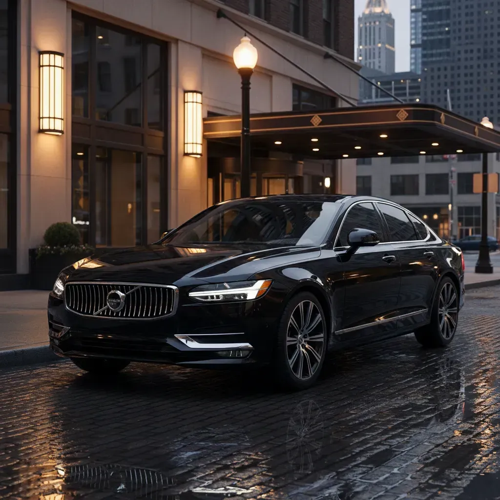 Black Volvo sedan parked at building entrance, wet cobblestone street, city backdrop.