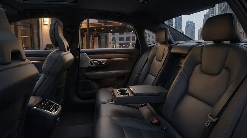 Interior of a black sedan with leather seats, a center console, and a city view through the windows.