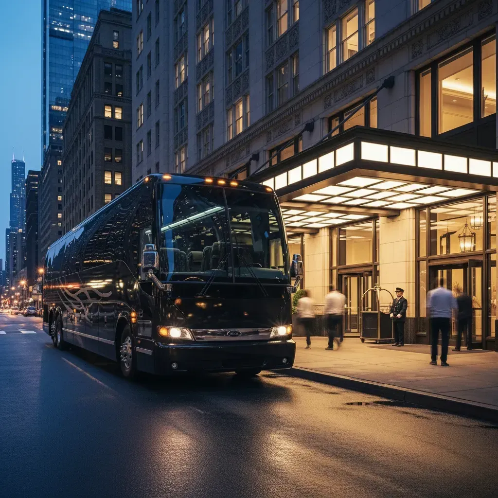 Black bus parked on city street in front of a hotel entrance at dusk; people walking in the background.