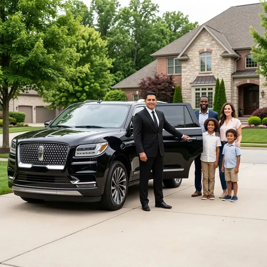 Family stands beside a black SUV in a suburban driveway, with a smiling chauffeur in a suit holding the door.