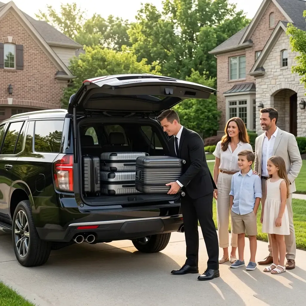 A chauffeur loads luggage into the back of a black SUV as a family waits nearby in front of a suburban home in Naperville.