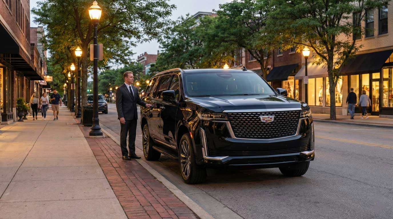 Black Cadillac SUV parked on a city street. A man in a suit stands next to it.