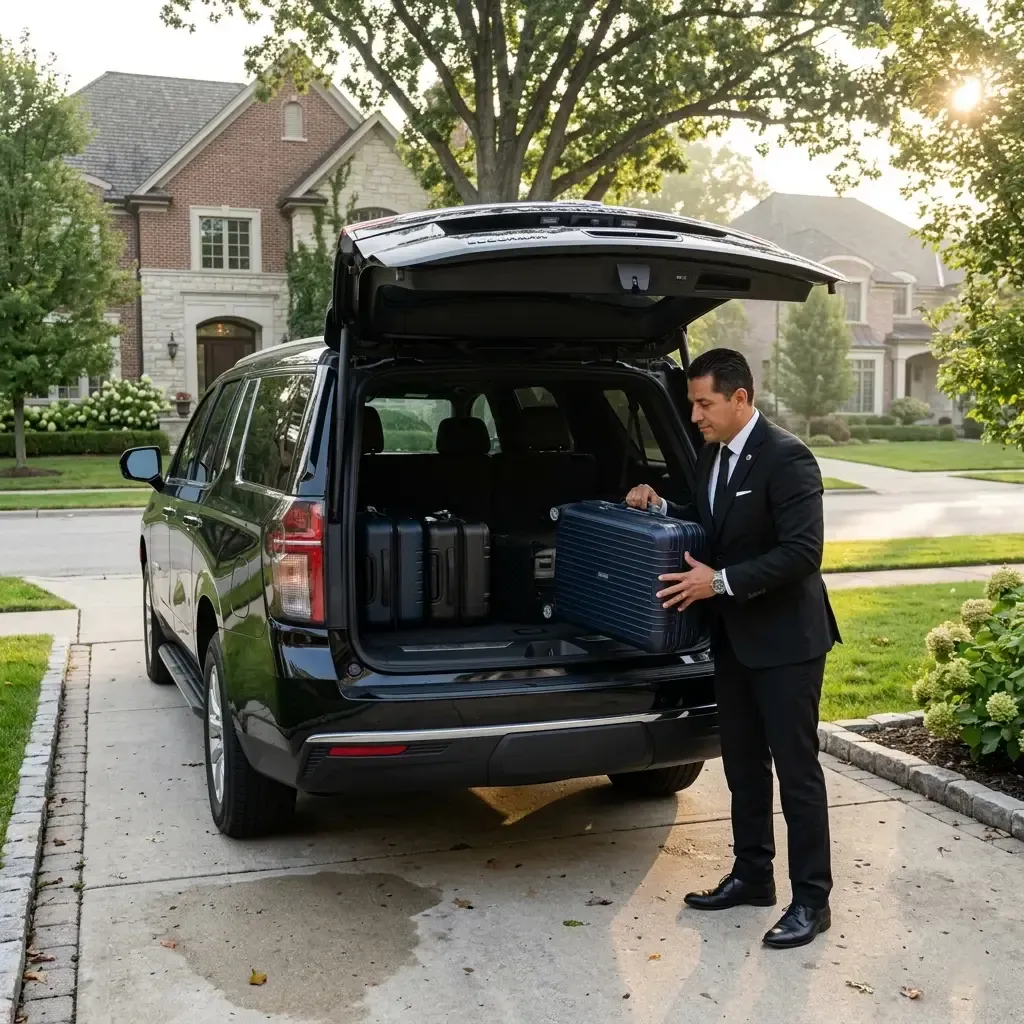 A Chauffeur loads a blue suitcase into the open trunk of a black SUV parked in a suburban driveway in Pingree Grove.