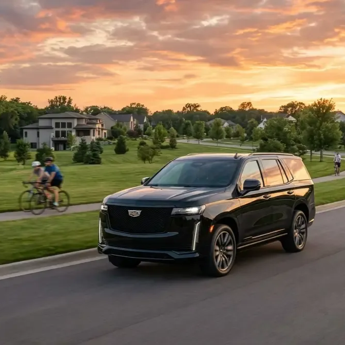 A black Cadillac Escalade driving on a suburban road at sunset with cyclists on a nearby path in Elburn.