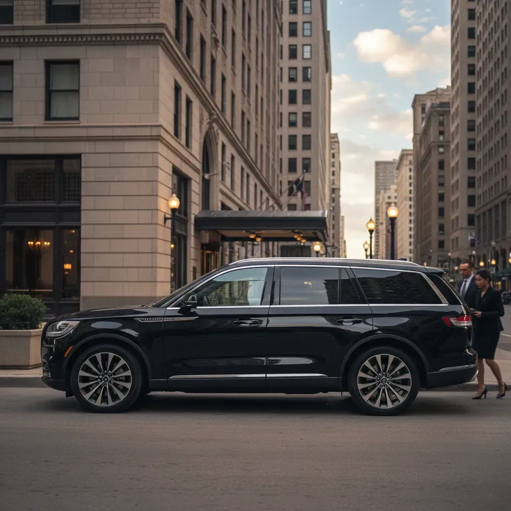 Black Lincoln Navigator parked on a city street; two people walk alongside the vehicle.