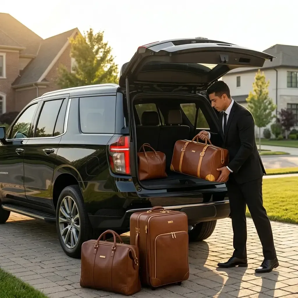 A person in a suit loads brown leather luggage into the open trunk of a black SUV parked at a Evanston Home driveway.