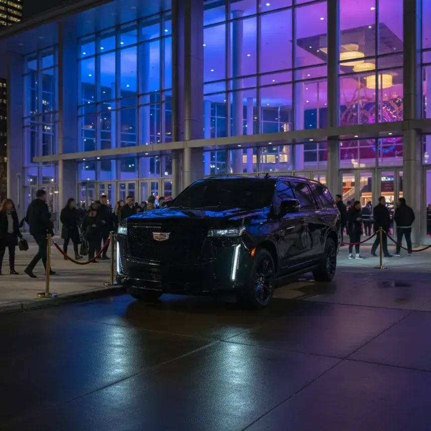 Black Cadillac Escalade parked in front of a building with people, lit with blue and purple lights.