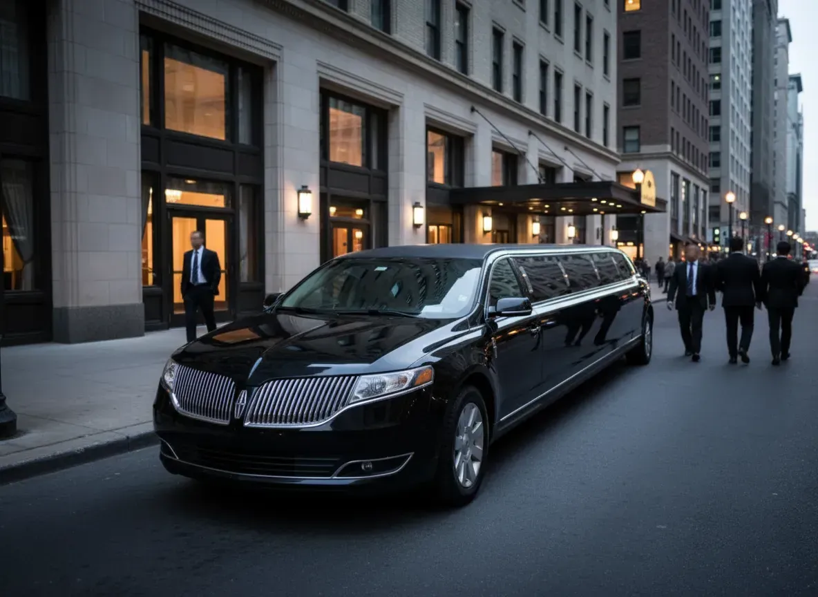 Black limousine parked in front of a building; men in suits walk nearby, a doorman stands at the entrance.