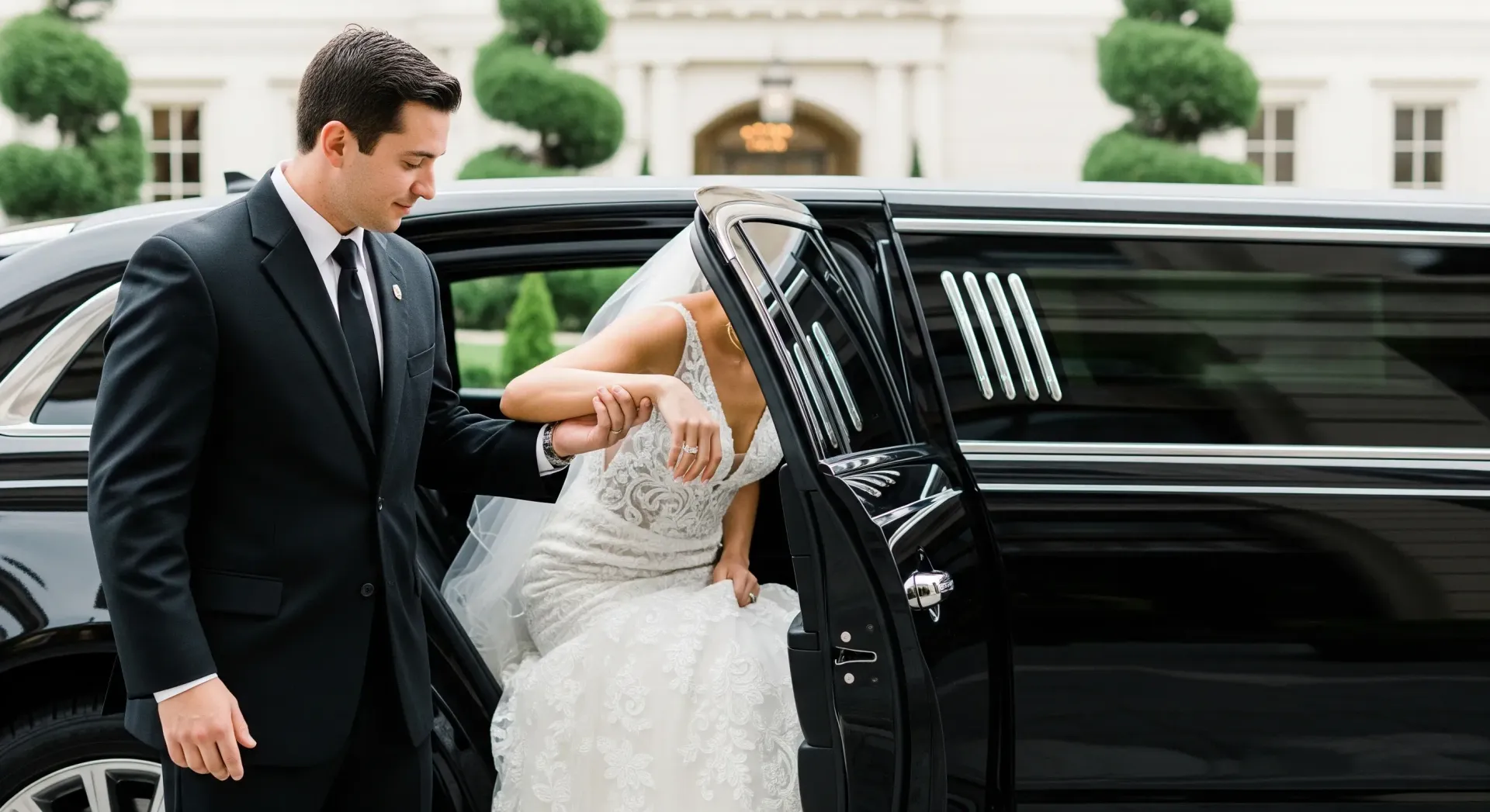 Man in a suit helps a person in a wedding dress exit a black limousine.