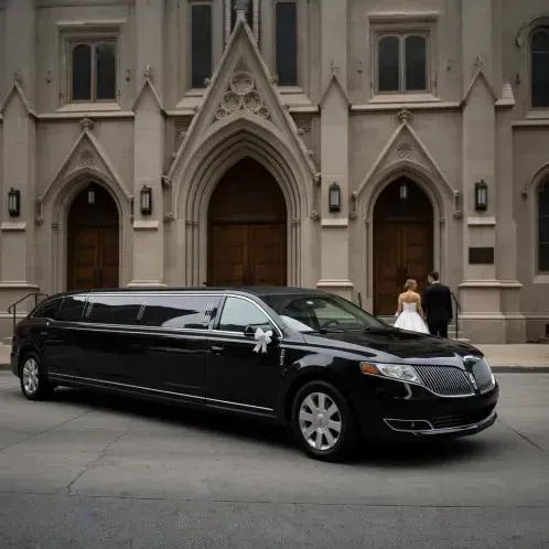 Black limousine parked in front of a church; bride and groom entering.