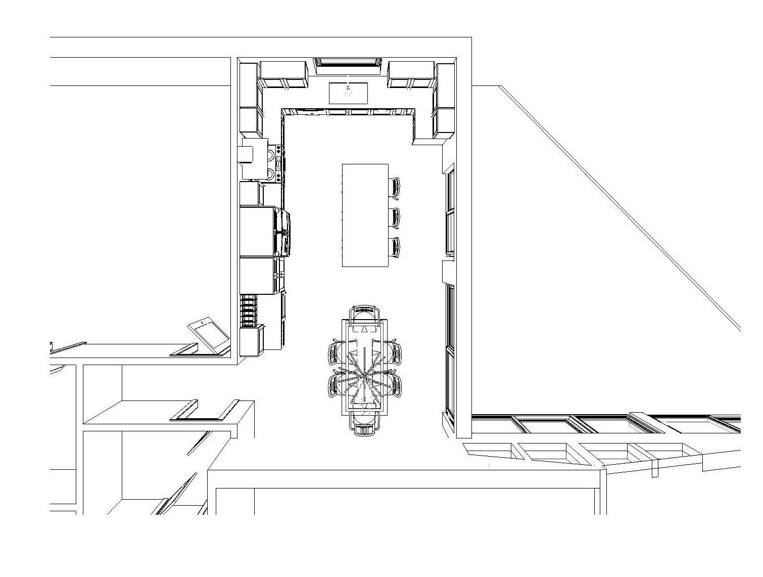 A black and white drawing of a room with a table and chairs.