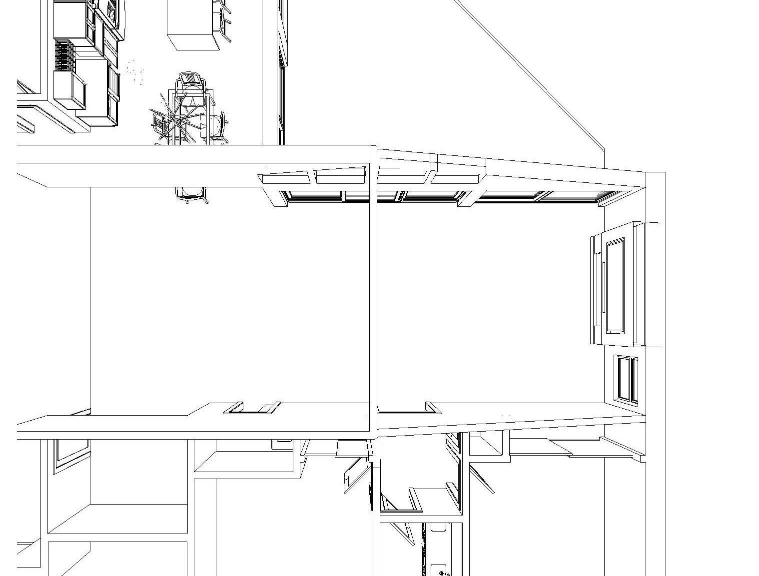 A black and white drawing of a house on a white background.