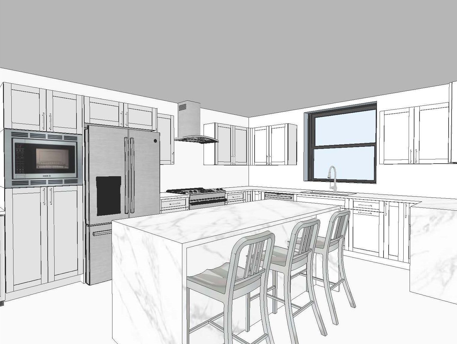 A 3D render of a kitchen with a large island