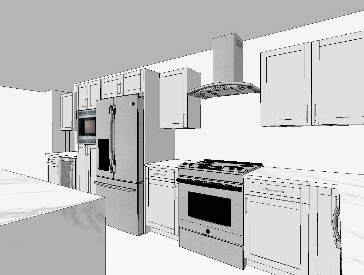 A 3D render of a kitchen with stainless steel appliances
