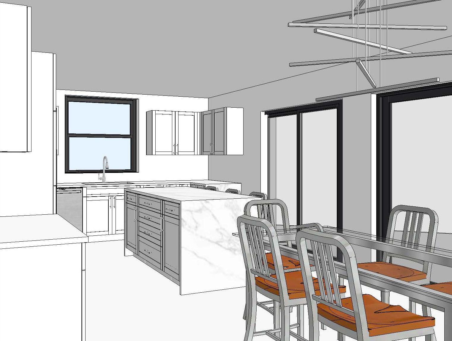 A render of a kitchen and dining room with a table and chairs.