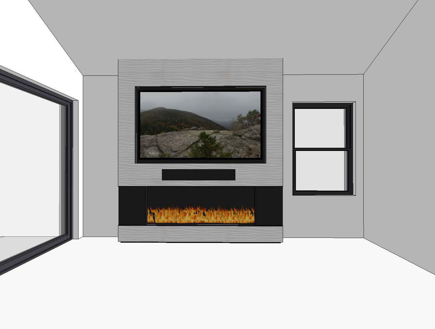 A living room with a fireplace and a flat screen tv