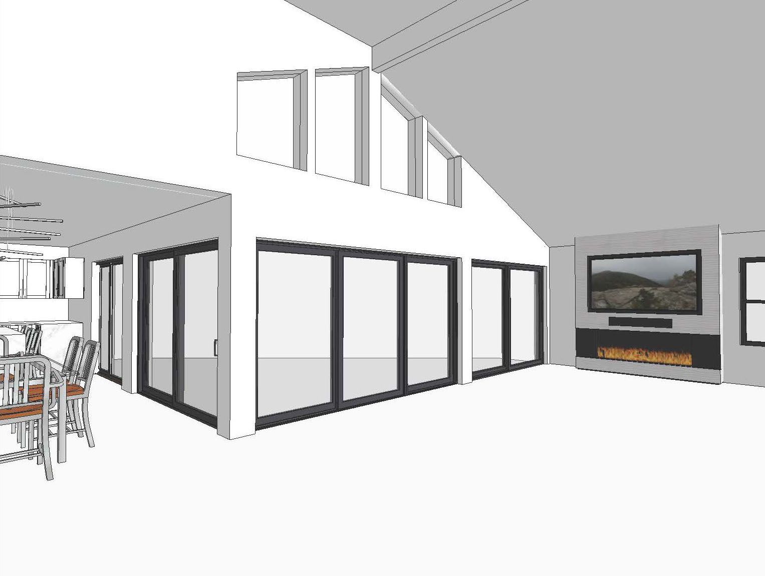 A 3D render of a living room with sliding glass doors and a fireplace.