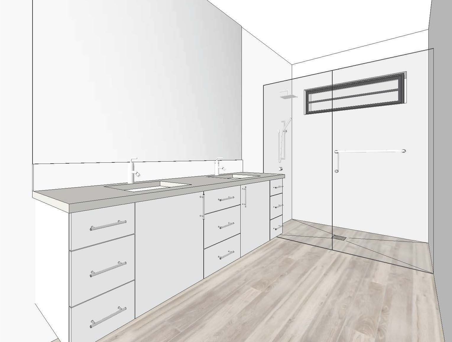 A drawing of a bathroom with a sink and a mirror