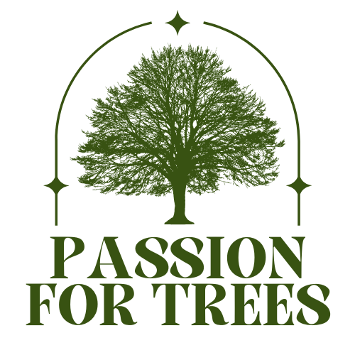 A logo for passion for trees with a tree in the center