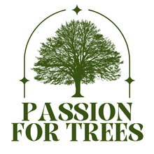 A logo for passion for trees with a tree in the center