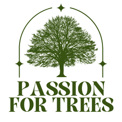 A logo for passion for trees with a tree in the center