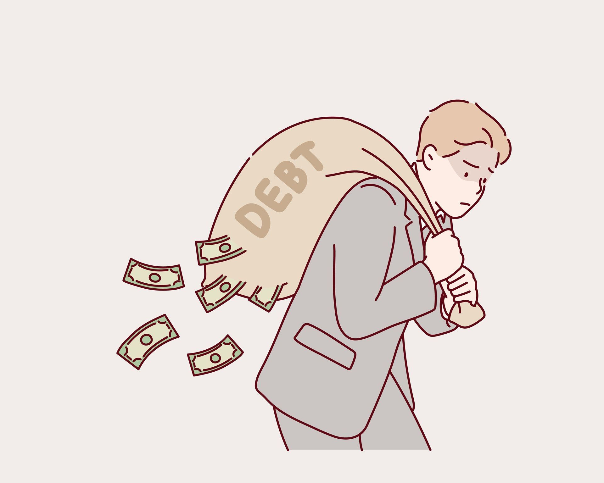 Tried businessman carrying big debt money bag losing money banknotes, debt burden.