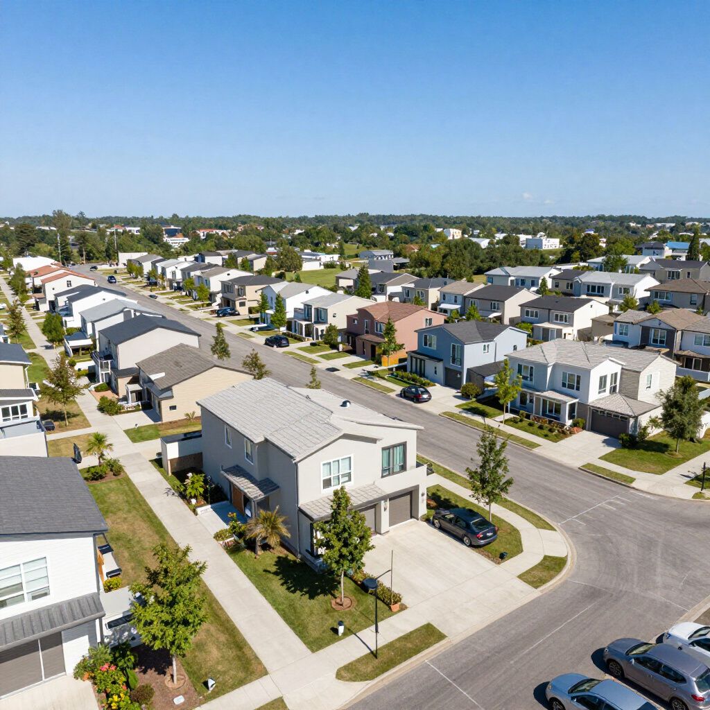 Luchtfoto van een buitenwijk met moderne huizen en met bomen omzoomde straten op een zonnige dag.
