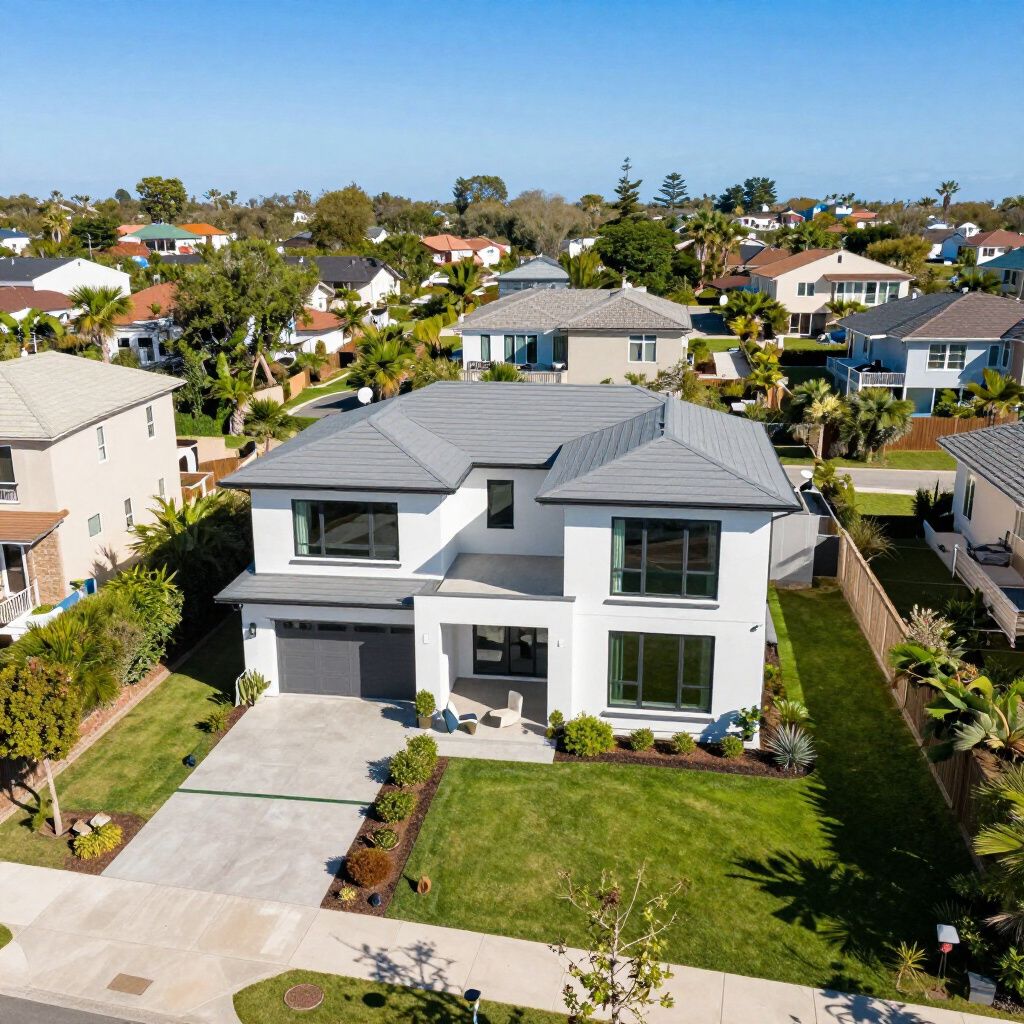 Moderne, witte woning met twee verdiepingen en een grijs dak, omgeven door een groen gazon en andere huizen in een buitenwijk.