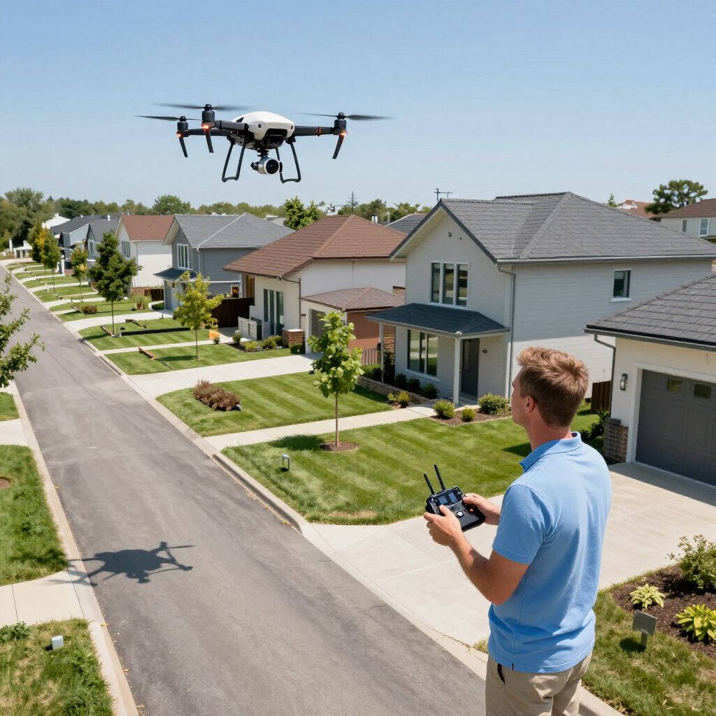 Een man bestuurt een drone boven een straat in een buitenwijk.