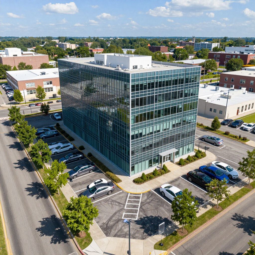 Modern glazen kantoorgebouw met auto's in de buurt geparkeerd, blauwe lucht.