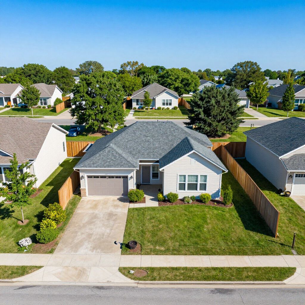 Luchtfoto van een lichtgrijs huis met een grijs dak in een buitenwijk, met een blauwe lucht erboven.
