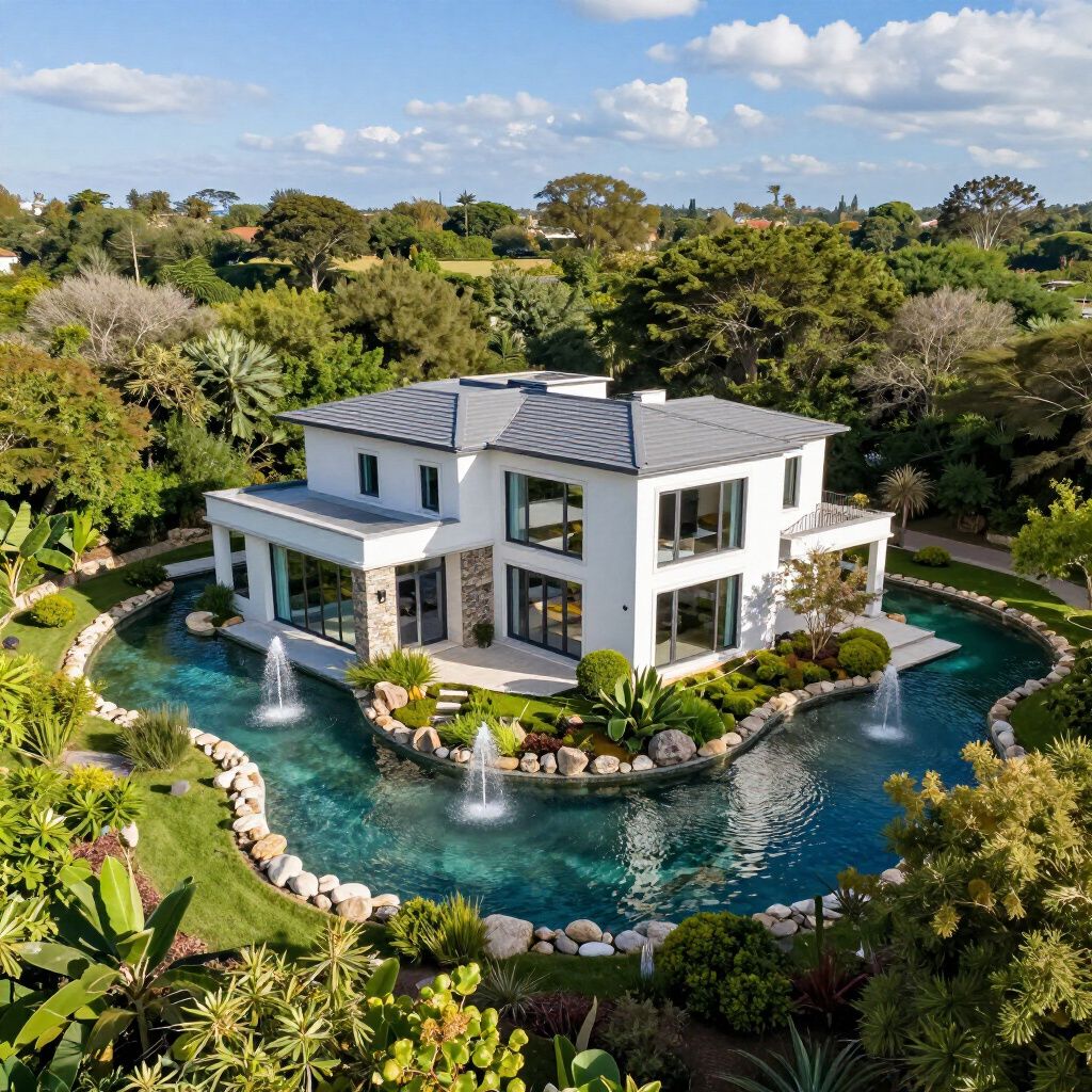 Modern wit huis, omgeven door een lagune met fonteinen en weelderig groen. Zonnige dag.