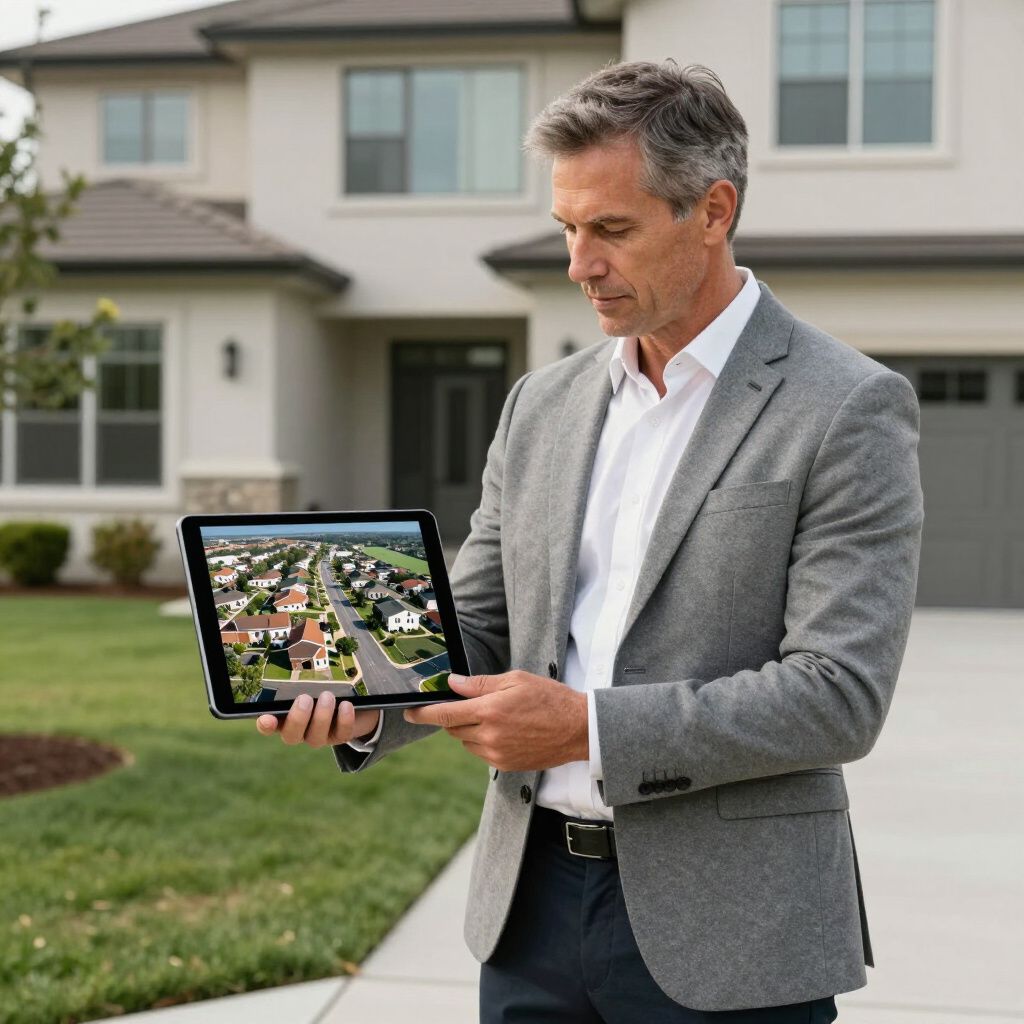 Een makelaar met een tablet waarop een buurt te zien is, staat voor een huis.