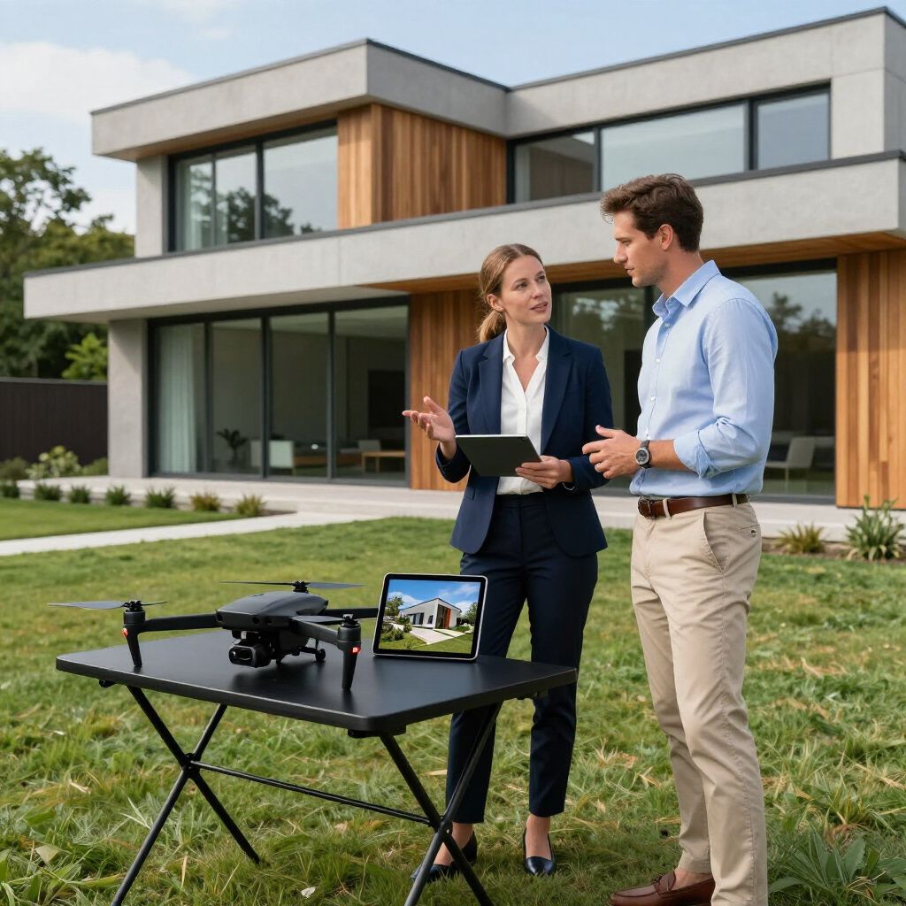 Makelaar en klant met tablet en drone voor een moderne woning. De makelaar gebaart, de klant luistert.