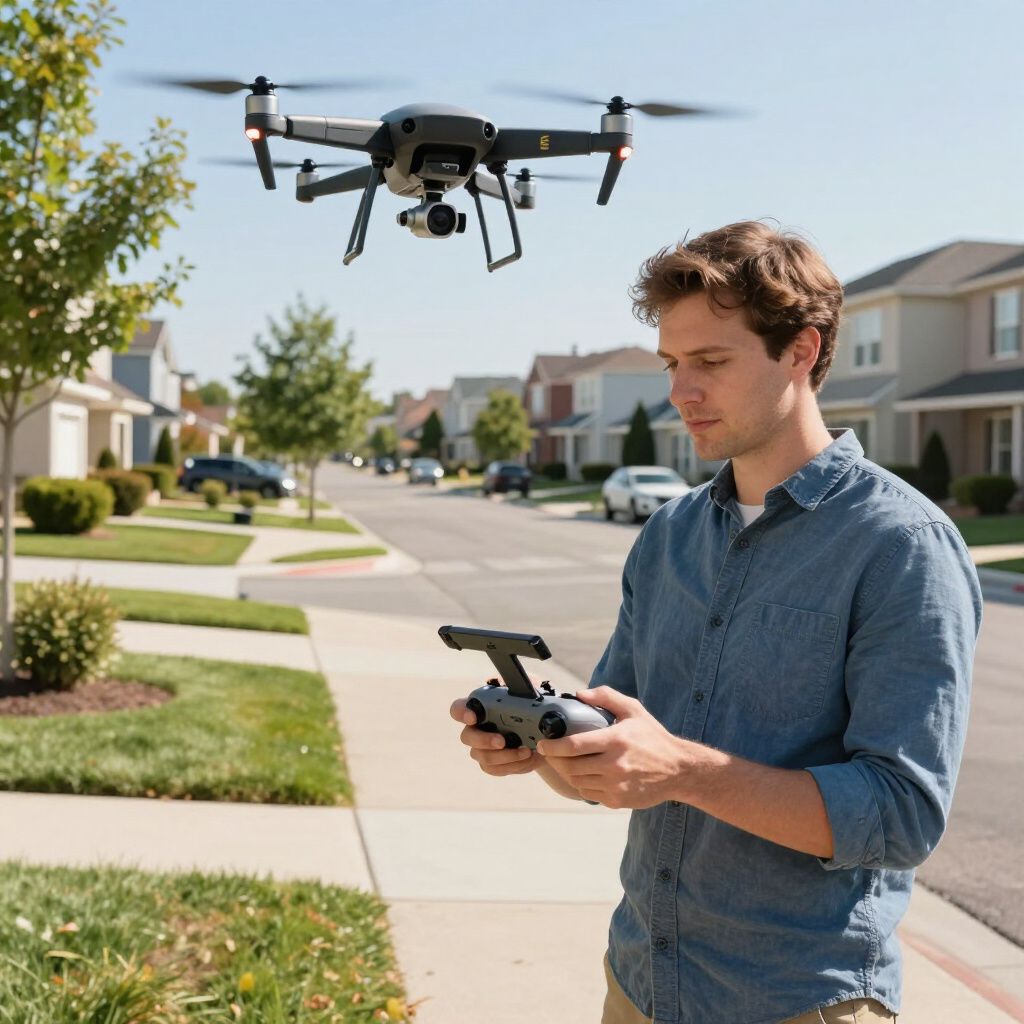 Een man bestuurt een drone op een straat in een buitenwijk, terwijl de drone boven hem zweeft.