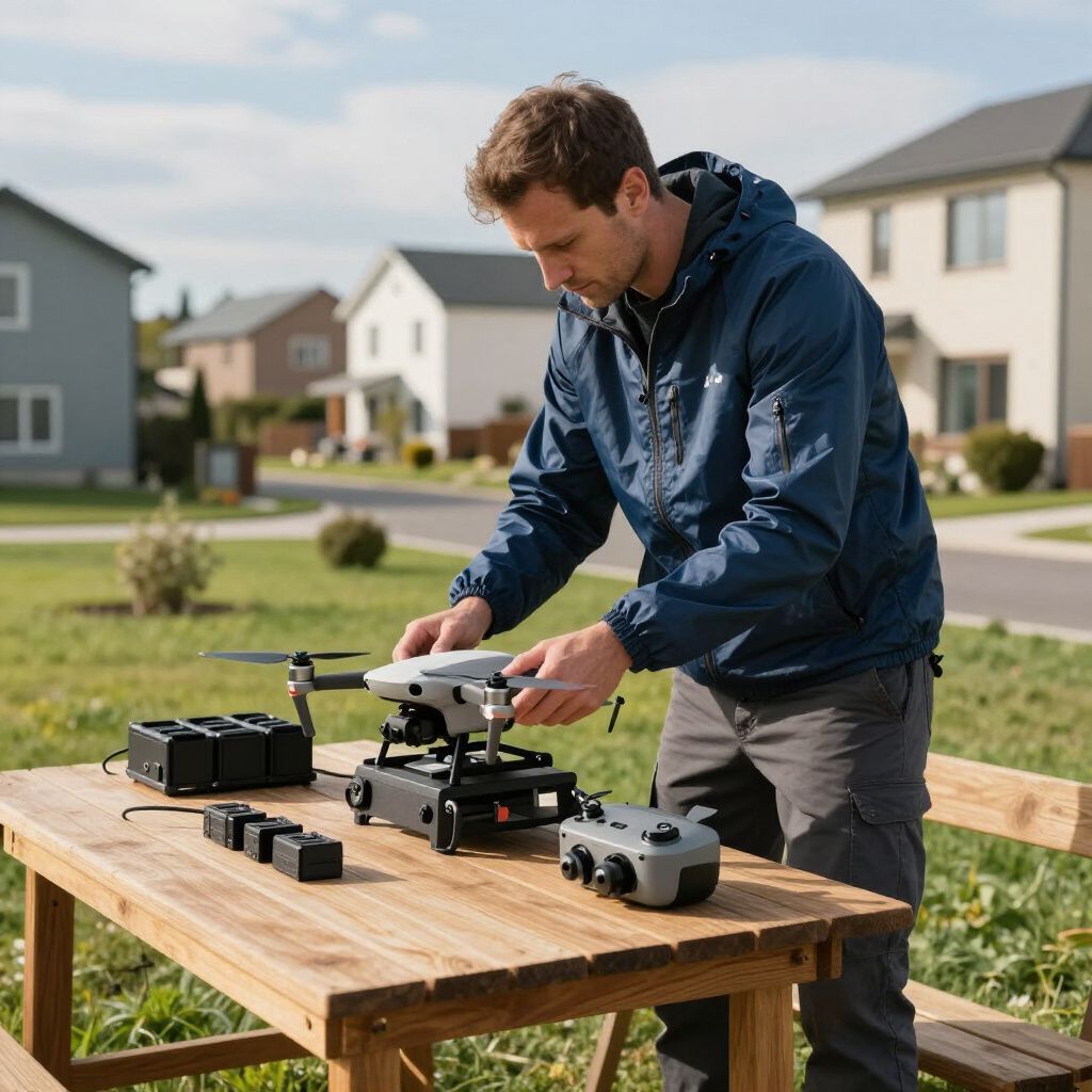 Een man maakt een drone klaar op een houten tafel in de buitenlucht, met huizen op de achtergrond.