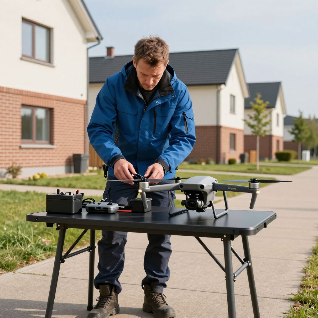 Een man in een blauwe jas monteert een drone op een tafel voor een huis.