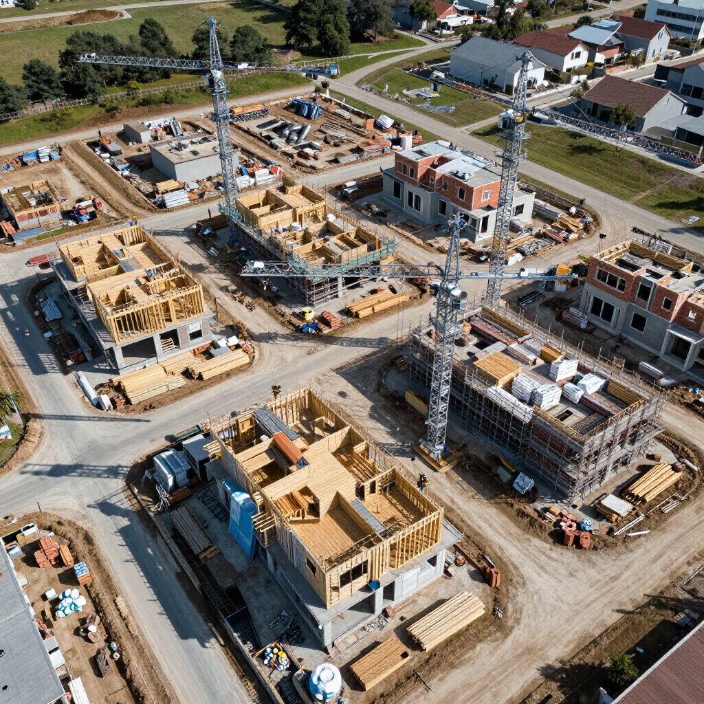 Luchtfoto van een woningbouwterrein met meerdere gebouwen in verschillende bouwfasen, waarop de houten constructie en kranen te zien zijn.