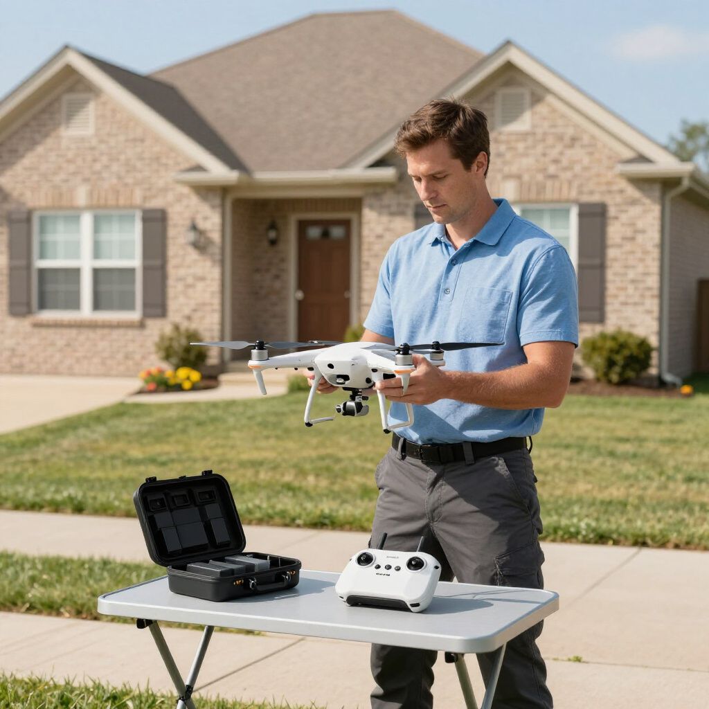 Een man maakt een drone gereed op een tafel voor een huis.