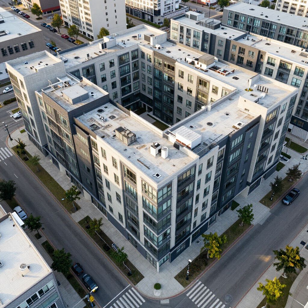 Luchtfoto van een modern appartementencomplex met meerdere verdiepingen, een centrale binnenplaats en omliggende straten.